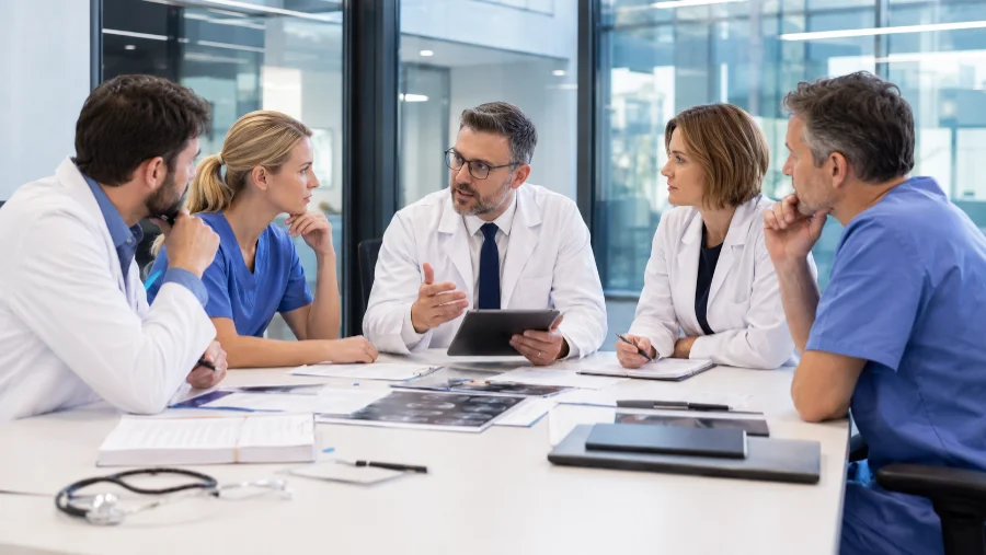 Echipă medicală multidisciplinară discutând opțiunile de tratament pentru cancer hepatic