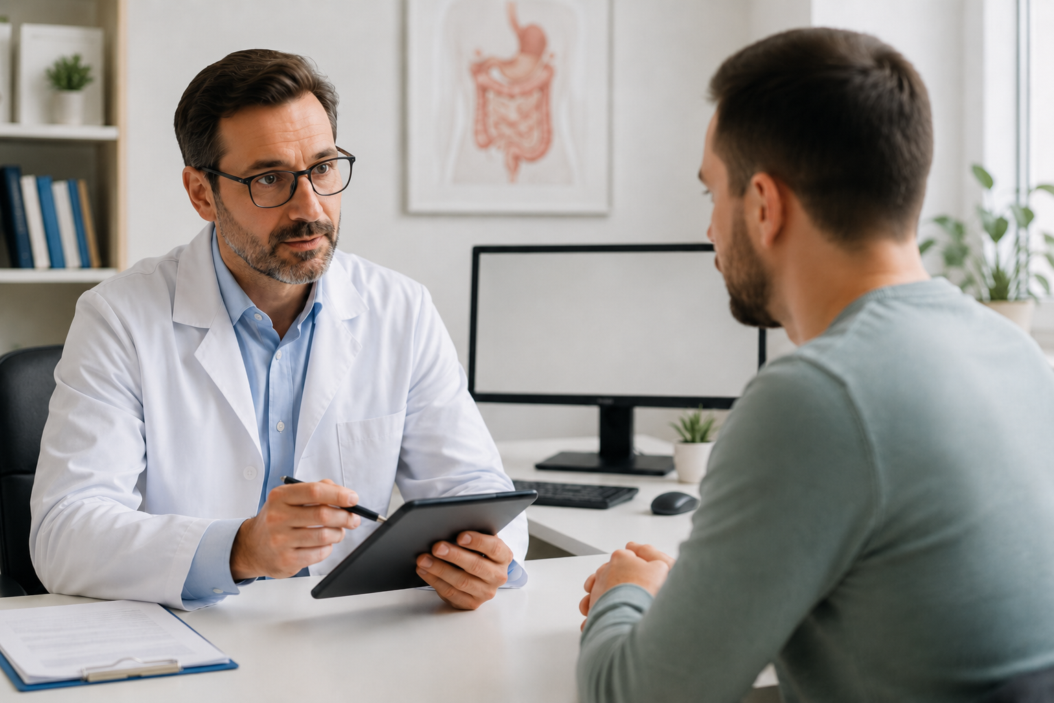 medic gastroenterolog explicând investigațiile pentru tenesme rectale