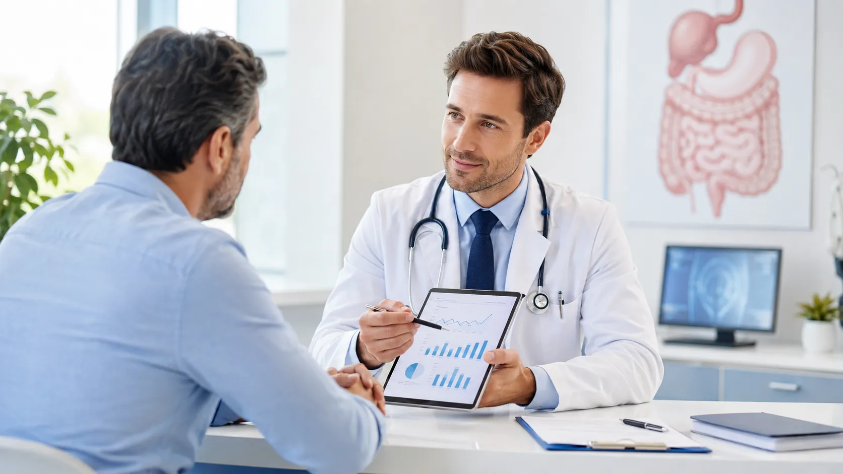 medic gastroenterolog discută cu un pacient despre interpretarea valorilor CEA mărit