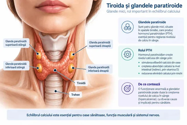 Glandele paratiroide, care reglează nivelul de calciu din sânge